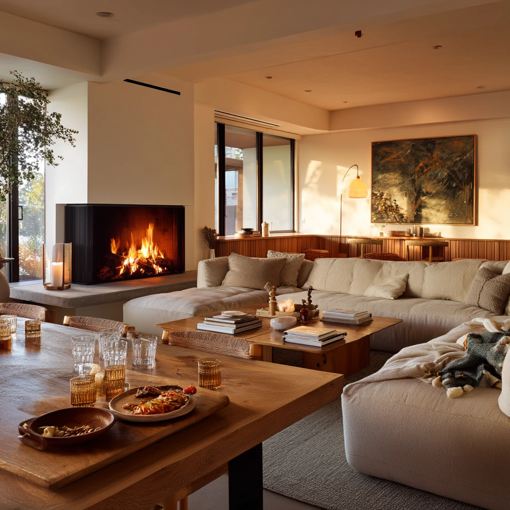 Entertaining Corner Fireplace in an Open-Plan Home