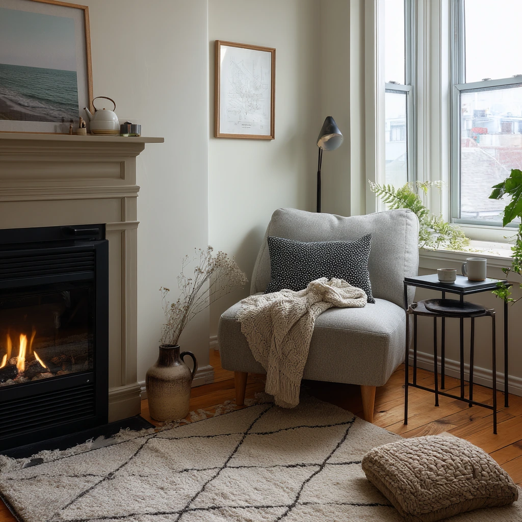 Small-Space Corner Fireplace in a Compact Apartment