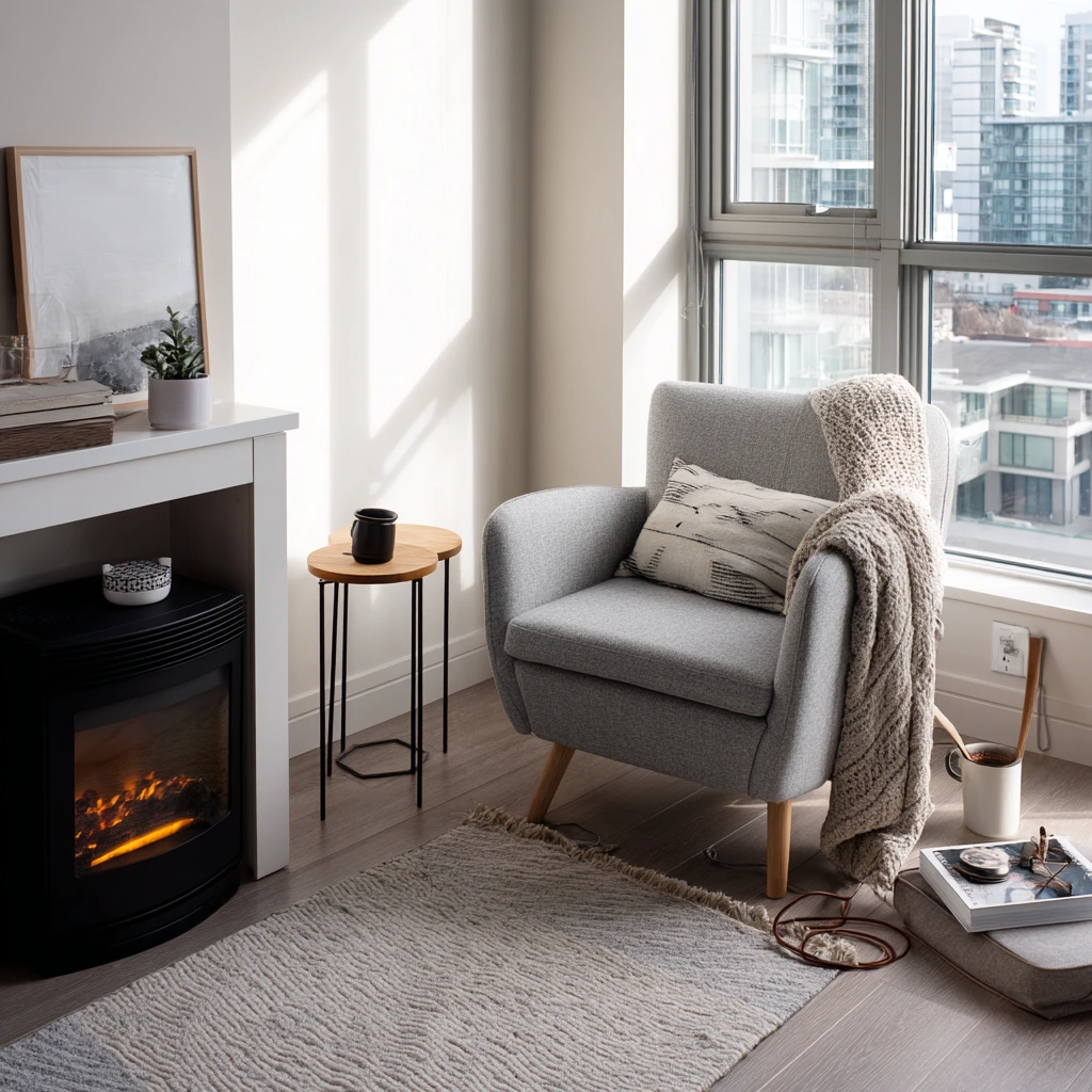 Small-Space Corner Fireplace in a Compact Apartment