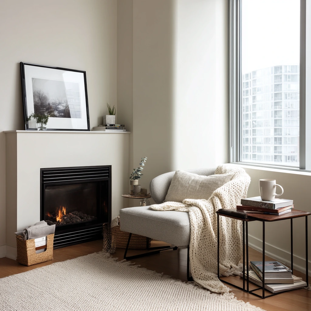 Small-Space Corner Fireplace in a Compact Apartment