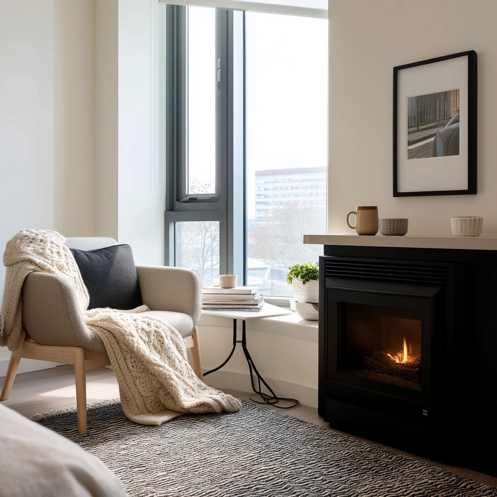 Small-Space Corner Fireplace in a Compact Apartment