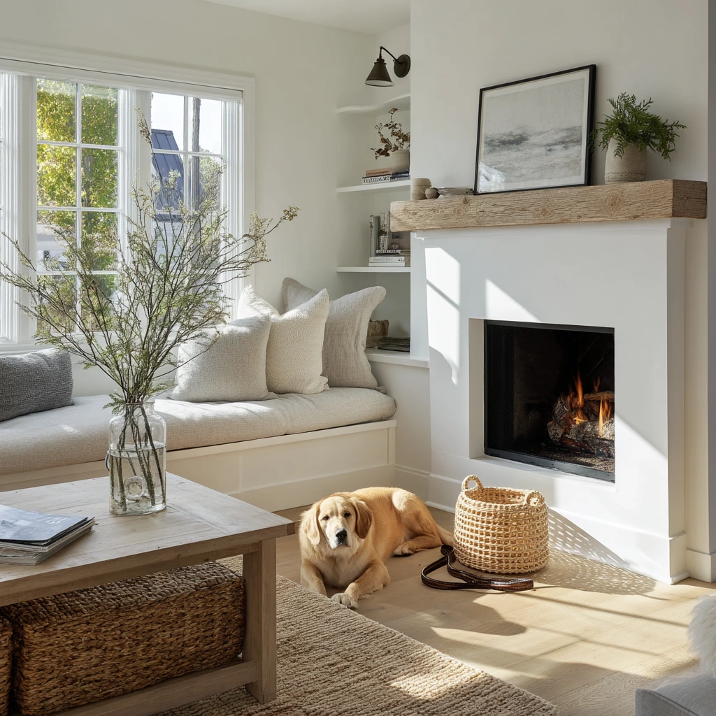 Modern Farmhouse Corner Fireplace with Layered Texture
