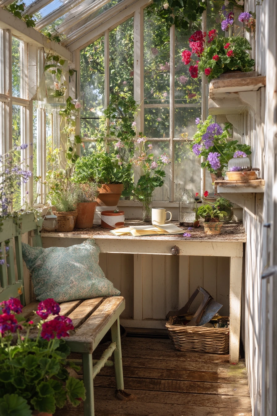 9. Cottage Corner Greenhouse with Potting Bench