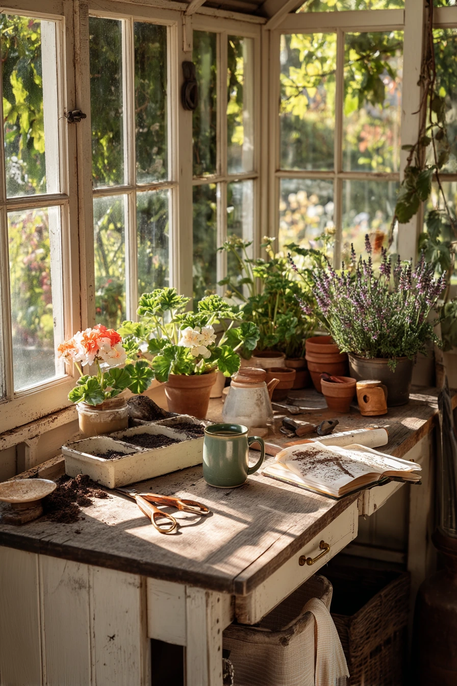 9. Cottage Corner Greenhouse with Potting Bench
