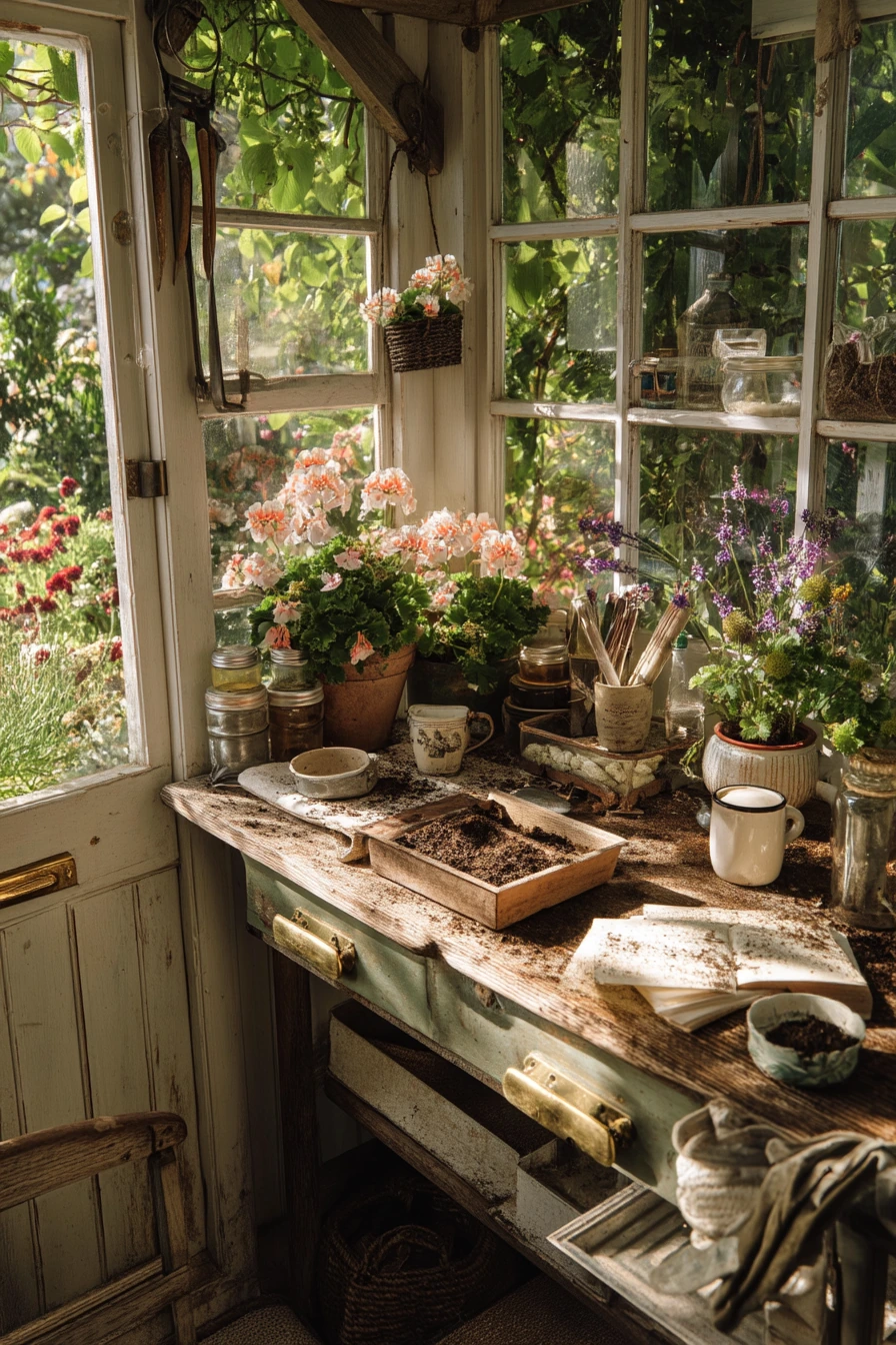 9. Cottage Corner Greenhouse with Potting Bench