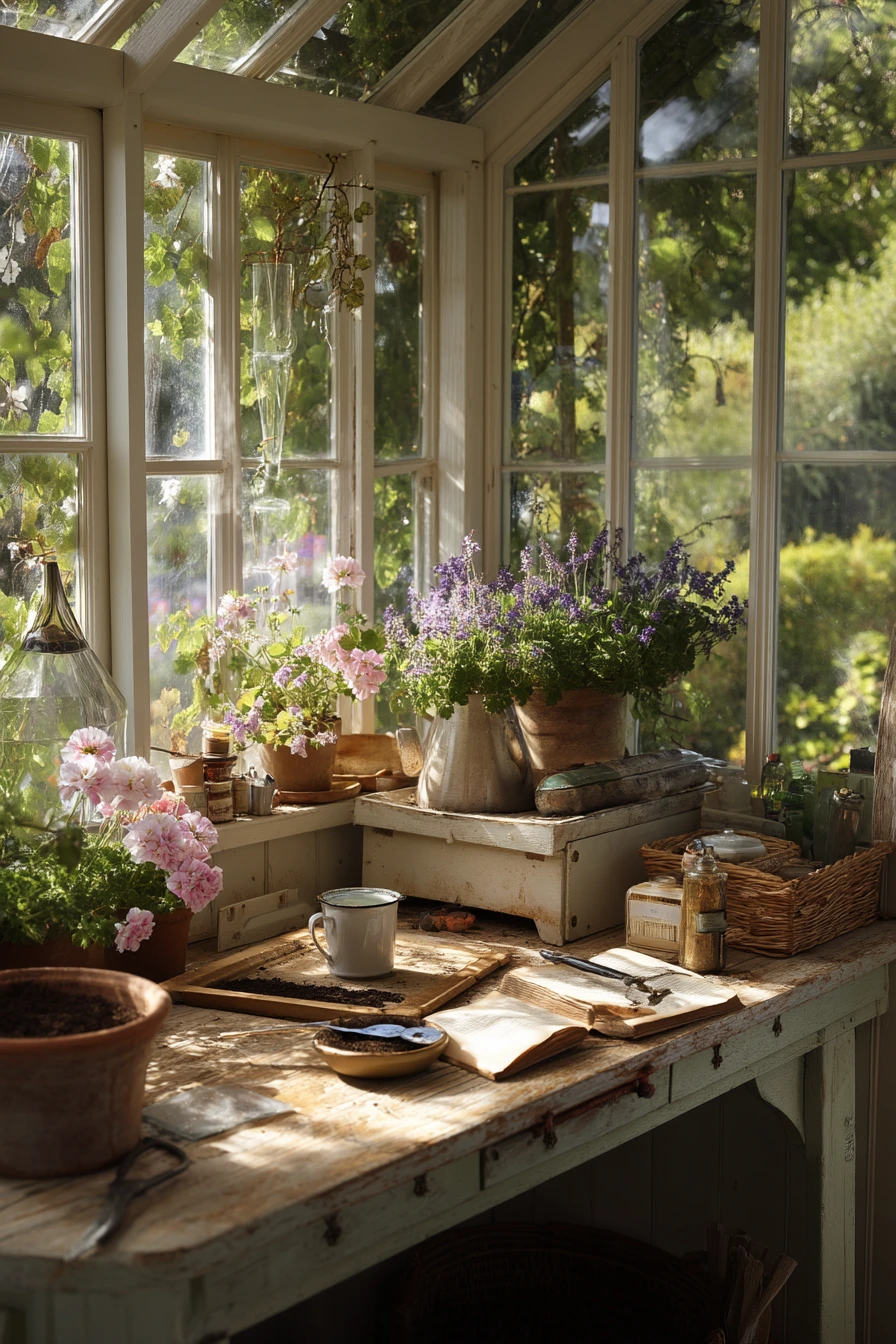 9. Cottage Corner Greenhouse with Potting Bench