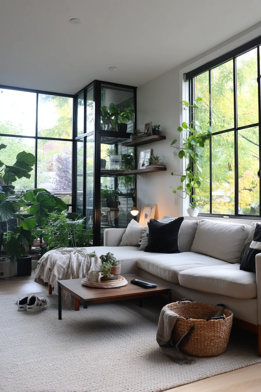 10. Modern Family Room Corner Greenhouse Wall