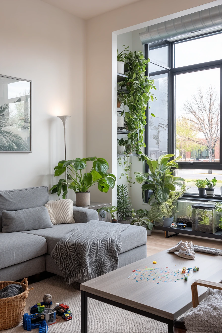 10. Modern Family Room Corner Greenhouse Wall