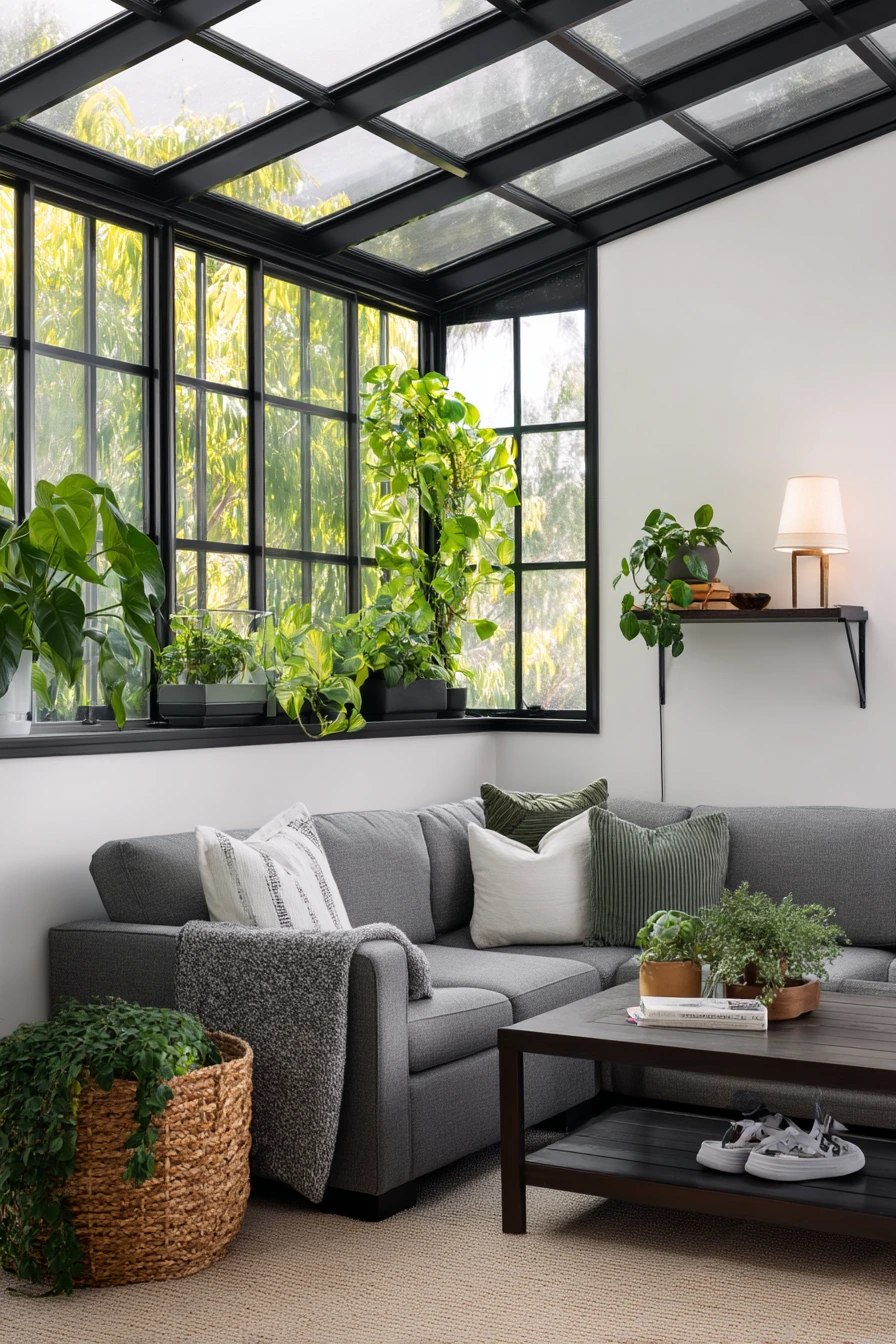 10. Modern Family Room Corner Greenhouse Wall