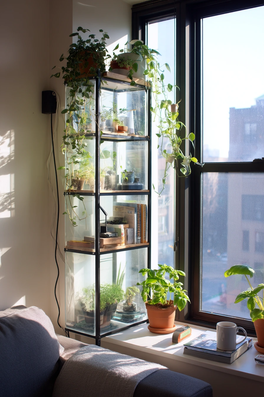 1. Small Apartment Corner Greenhouse Nook