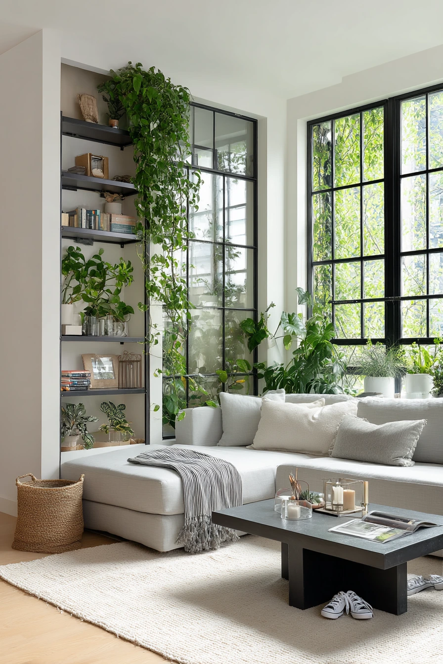 10. Modern Family Room Corner Greenhouse Wall