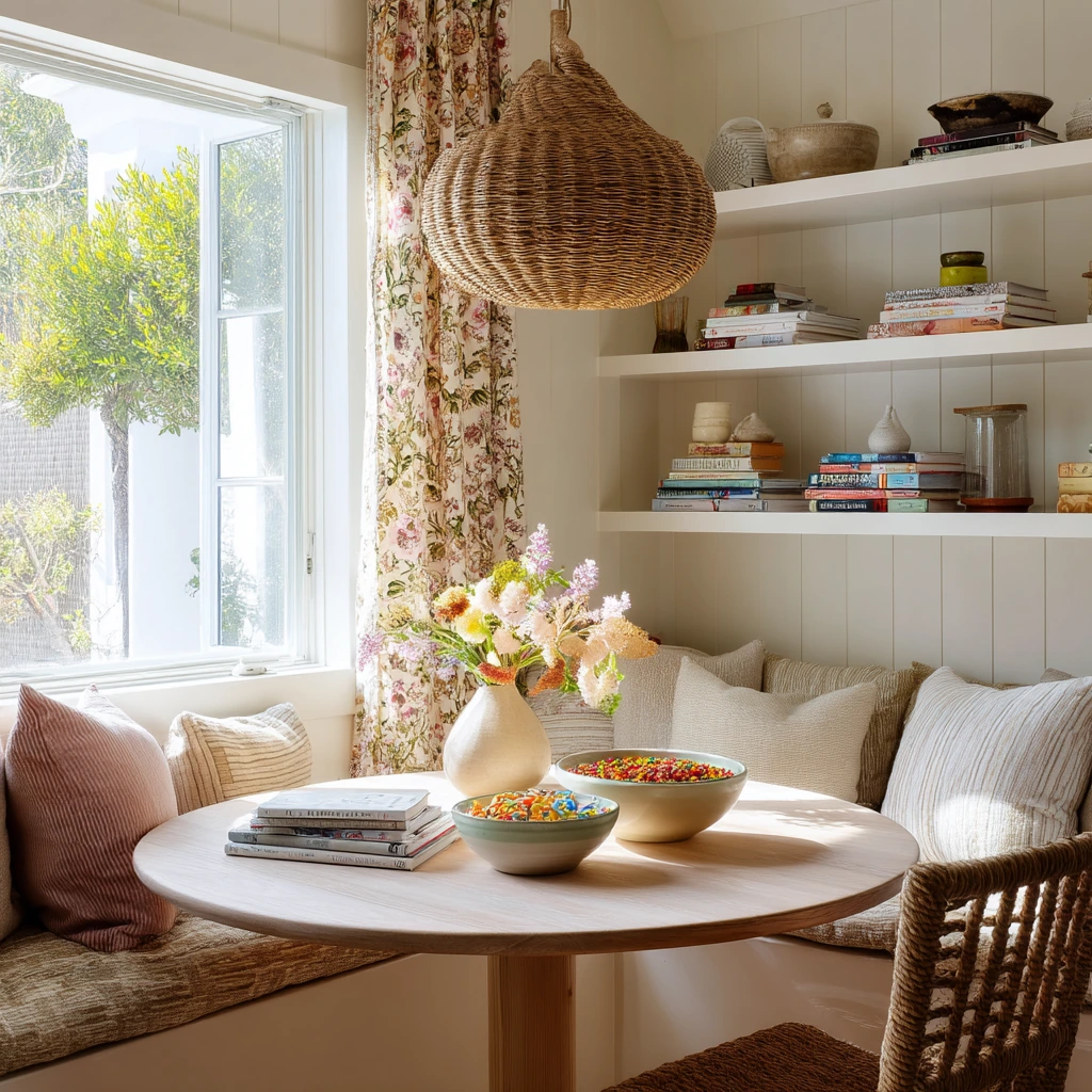 Small Cottage Dining Room with Built-In Banquette