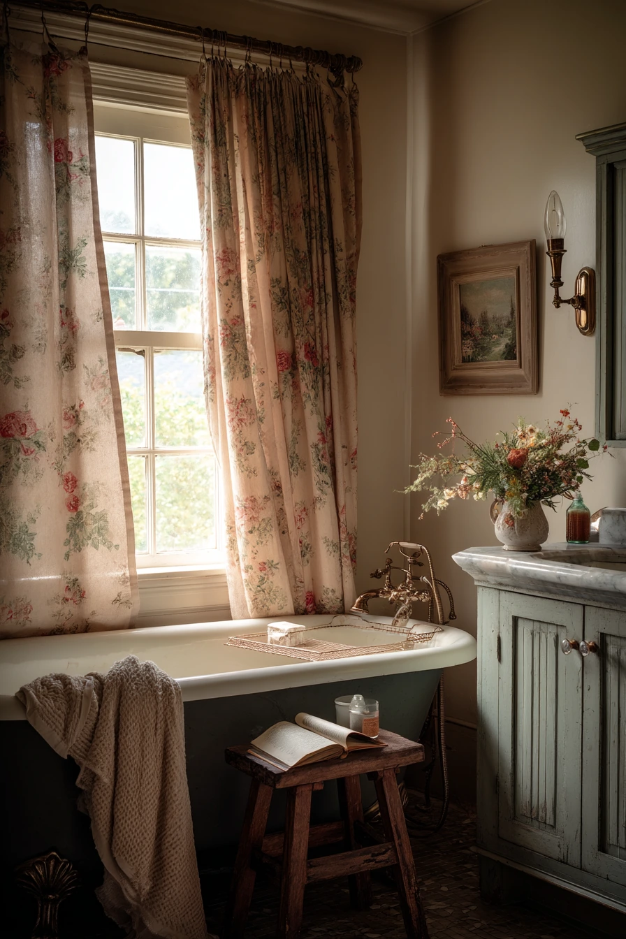 Farmhouse Bath with Floral Curtain and Brass