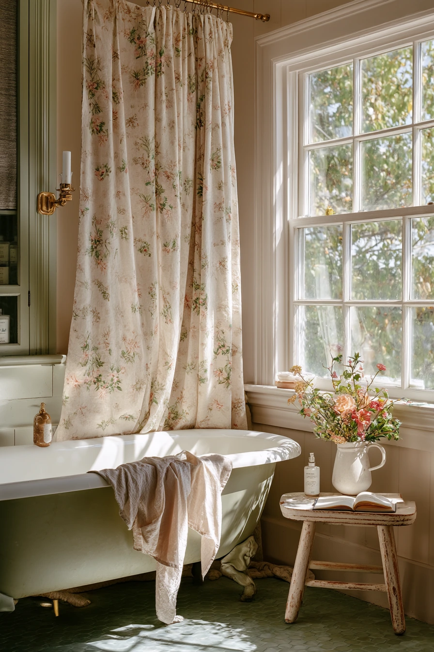 Farmhouse Bath with Floral Curtain and Brass