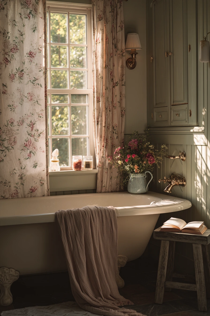 Farmhouse Bath with Floral Curtain and Brass