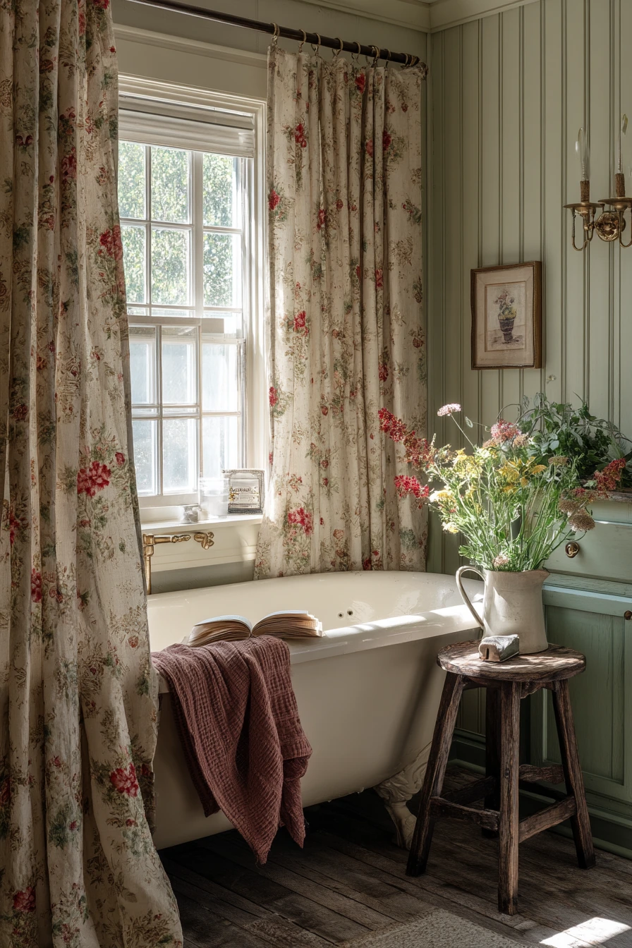 Farmhouse Bath with Floral Curtain and Brass