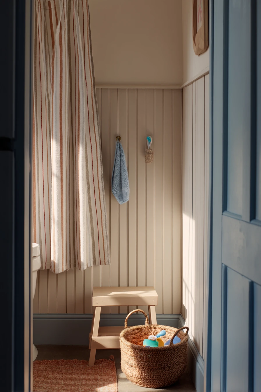 Boyish Shared Bath with Toy Basket and Hooks