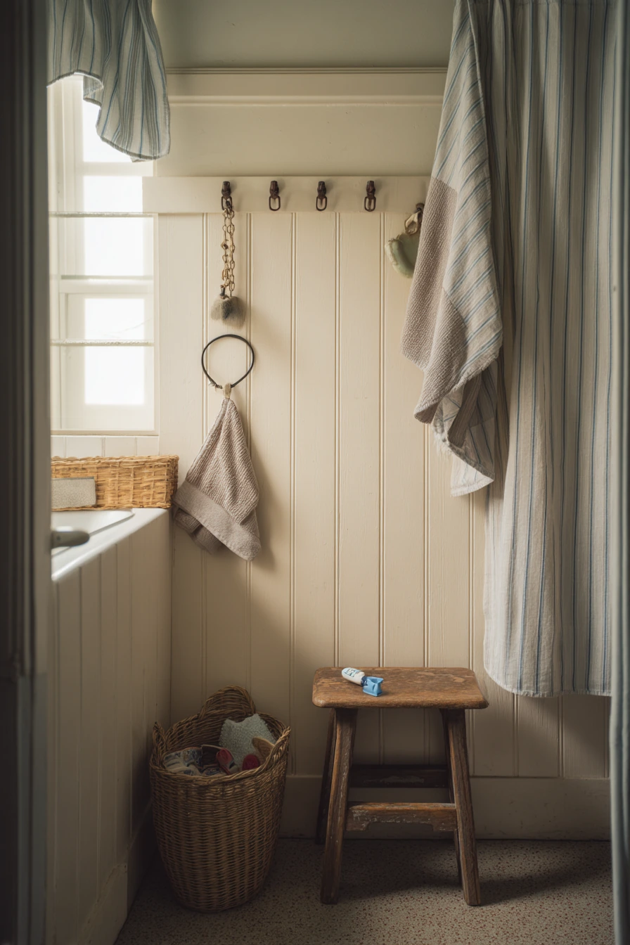 Boyish Shared Bath with Toy Basket and Hooks