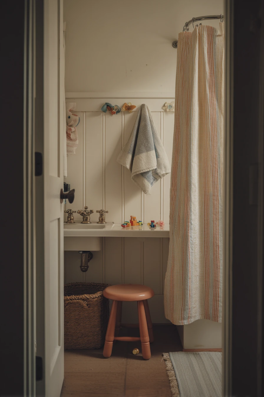 Boyish Shared Bath with Toy Basket and Hooks