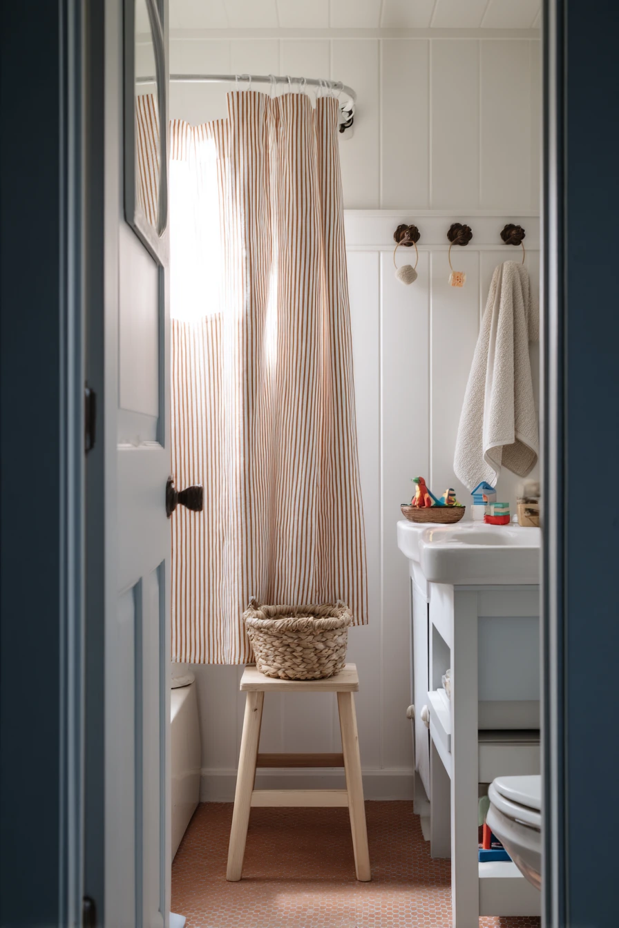 Boyish Shared Bath with Toy Basket and Hooks