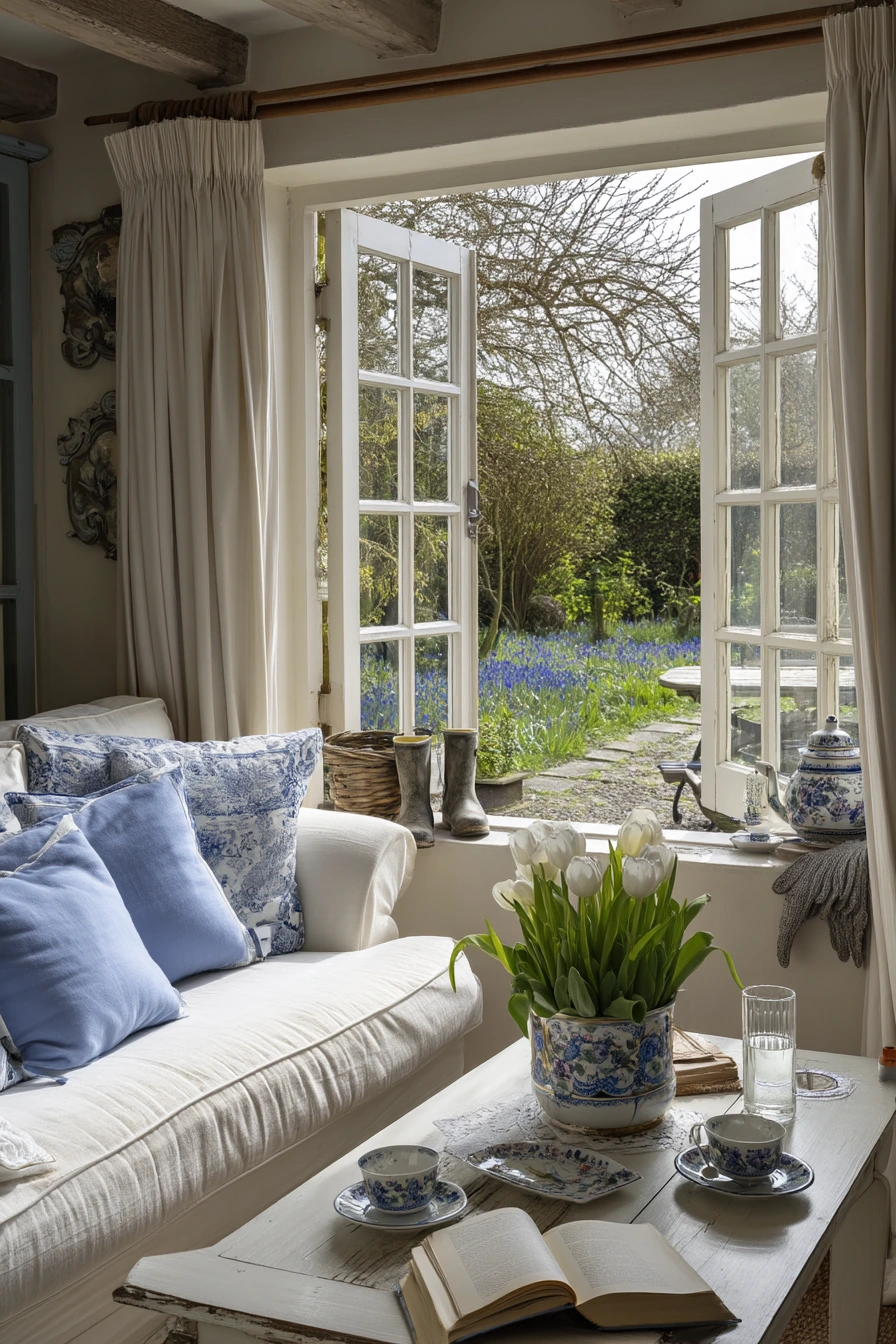 Fresh Spring Country Living Room with Garden View