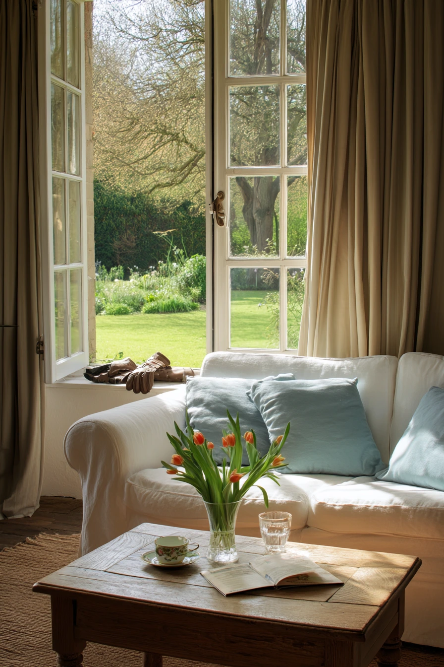 Fresh Spring Country Living Room with Garden View