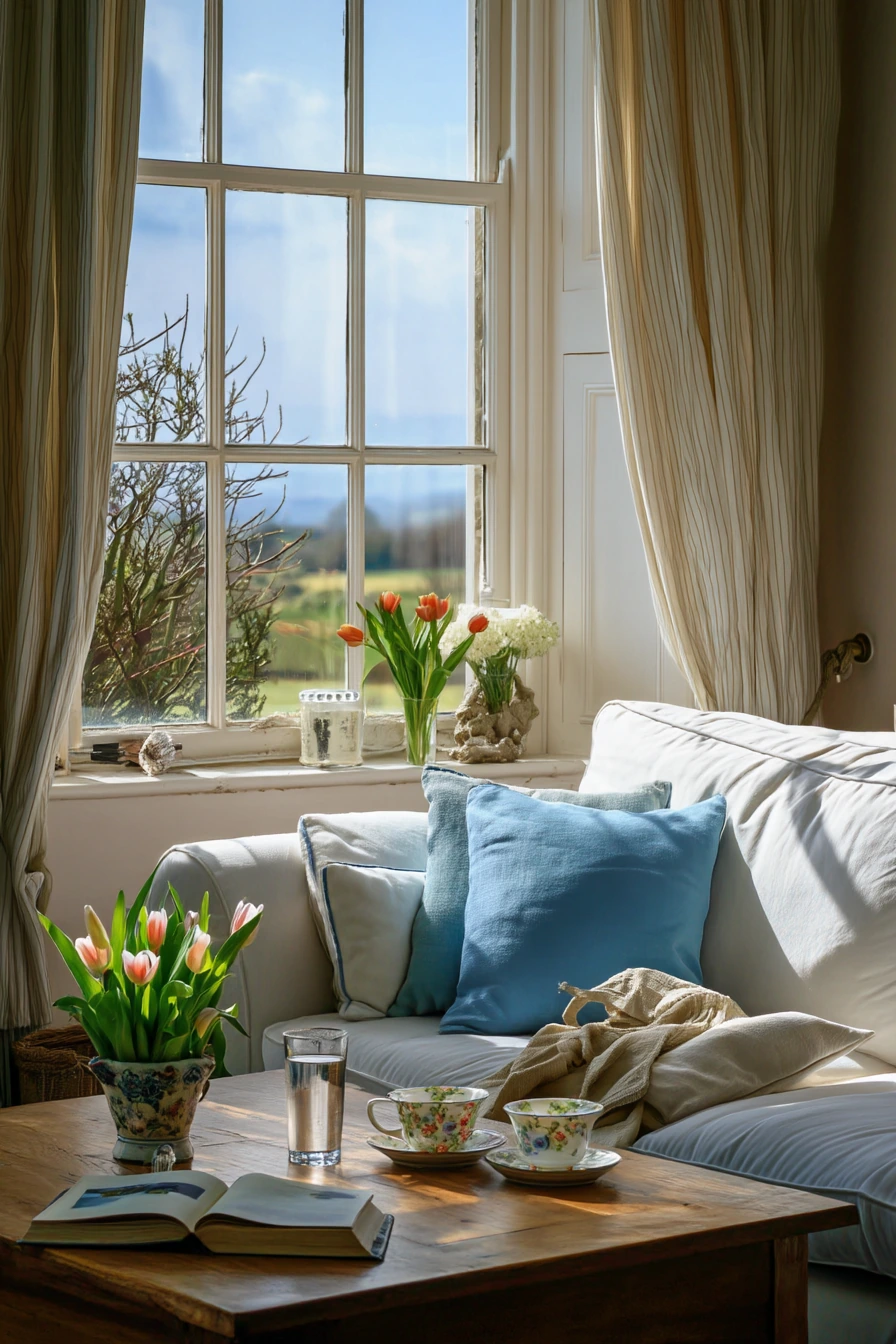 Fresh Spring Country Living Room with Garden View
