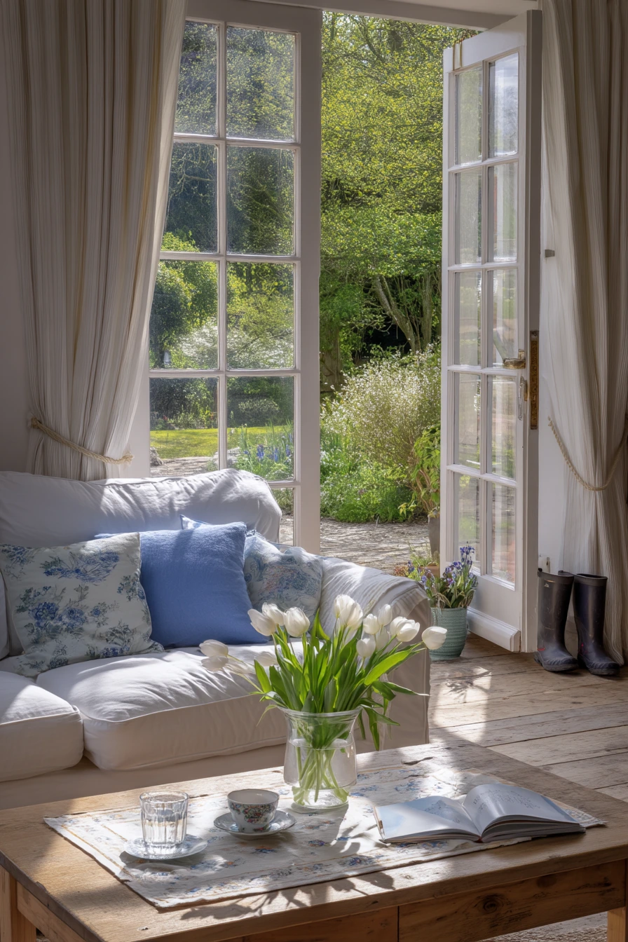 Fresh Spring Country Living Room with Garden View