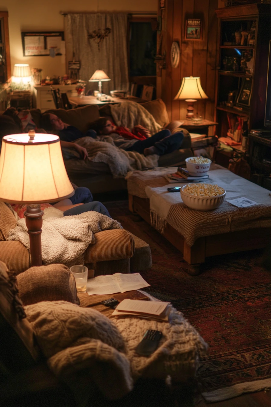 Family Movie Night in a Cozy Country Den