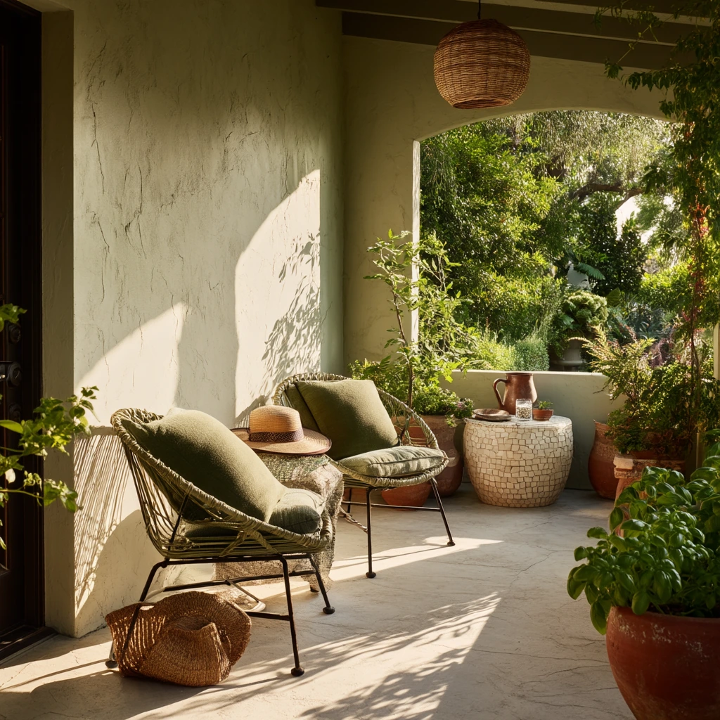 Mediterranean Covered Deck with Garden View