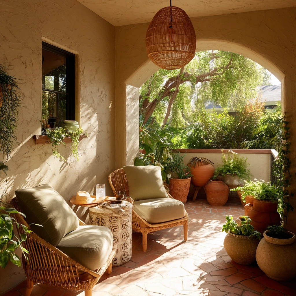 Mediterranean Covered Deck with Garden View