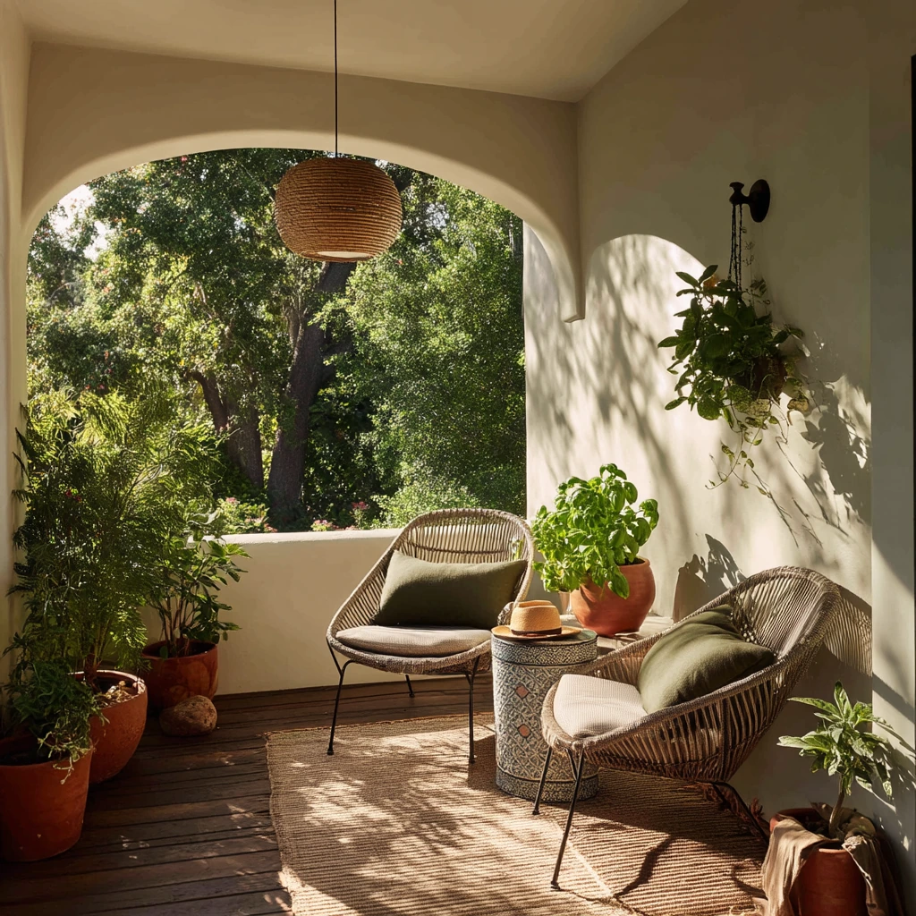 Mediterranean Covered Deck with Garden View