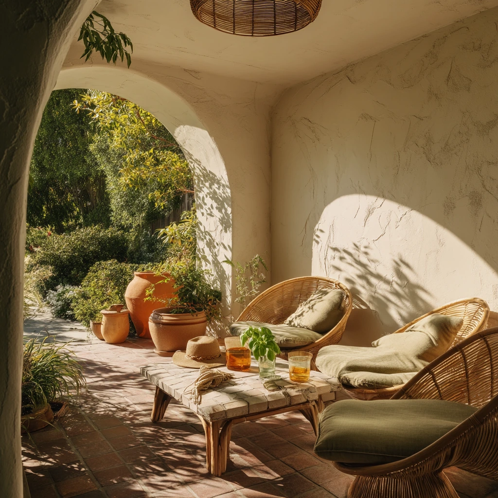 Mediterranean Covered Deck with Garden View