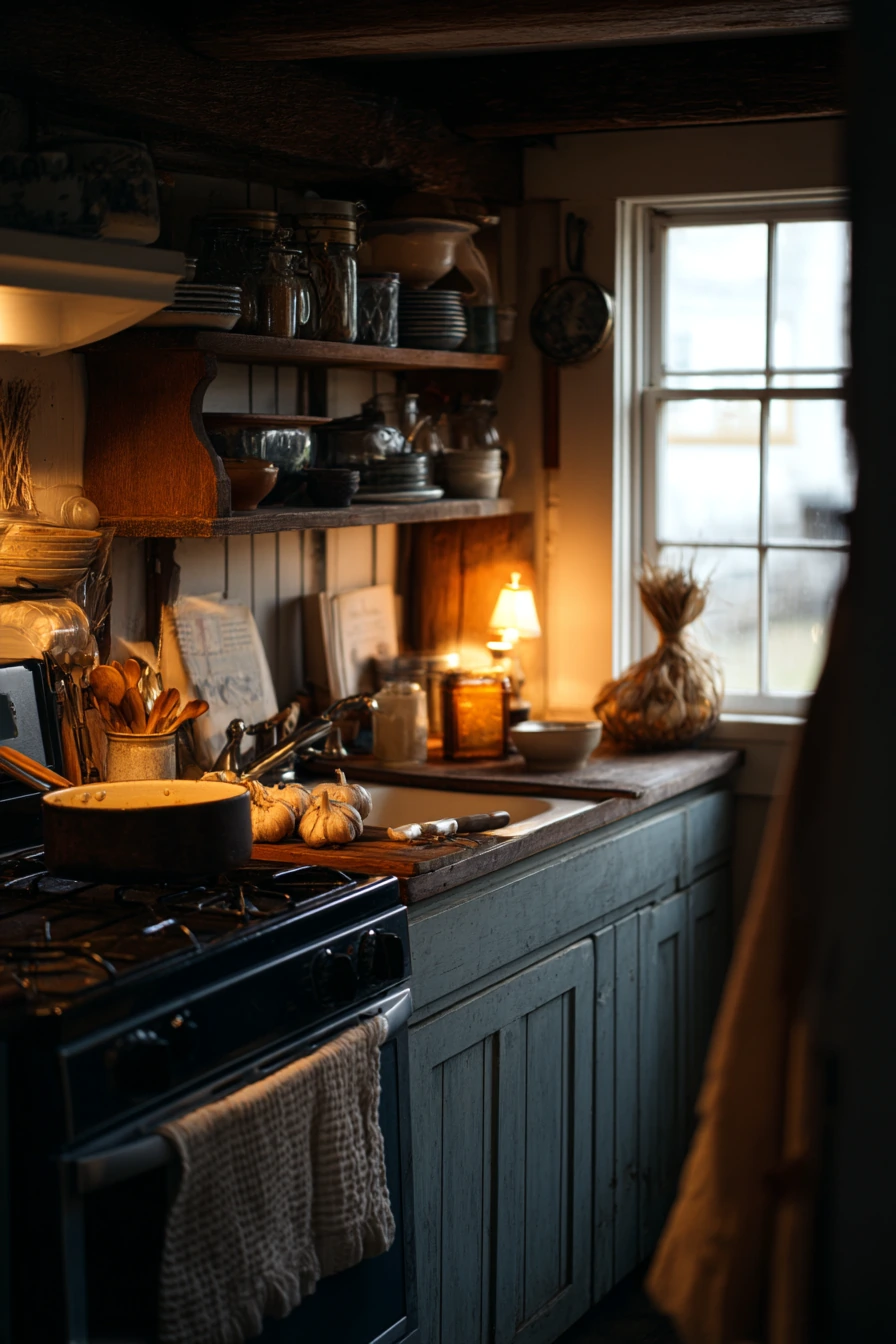 Moody Cottage Kitchen with Evening Cooking