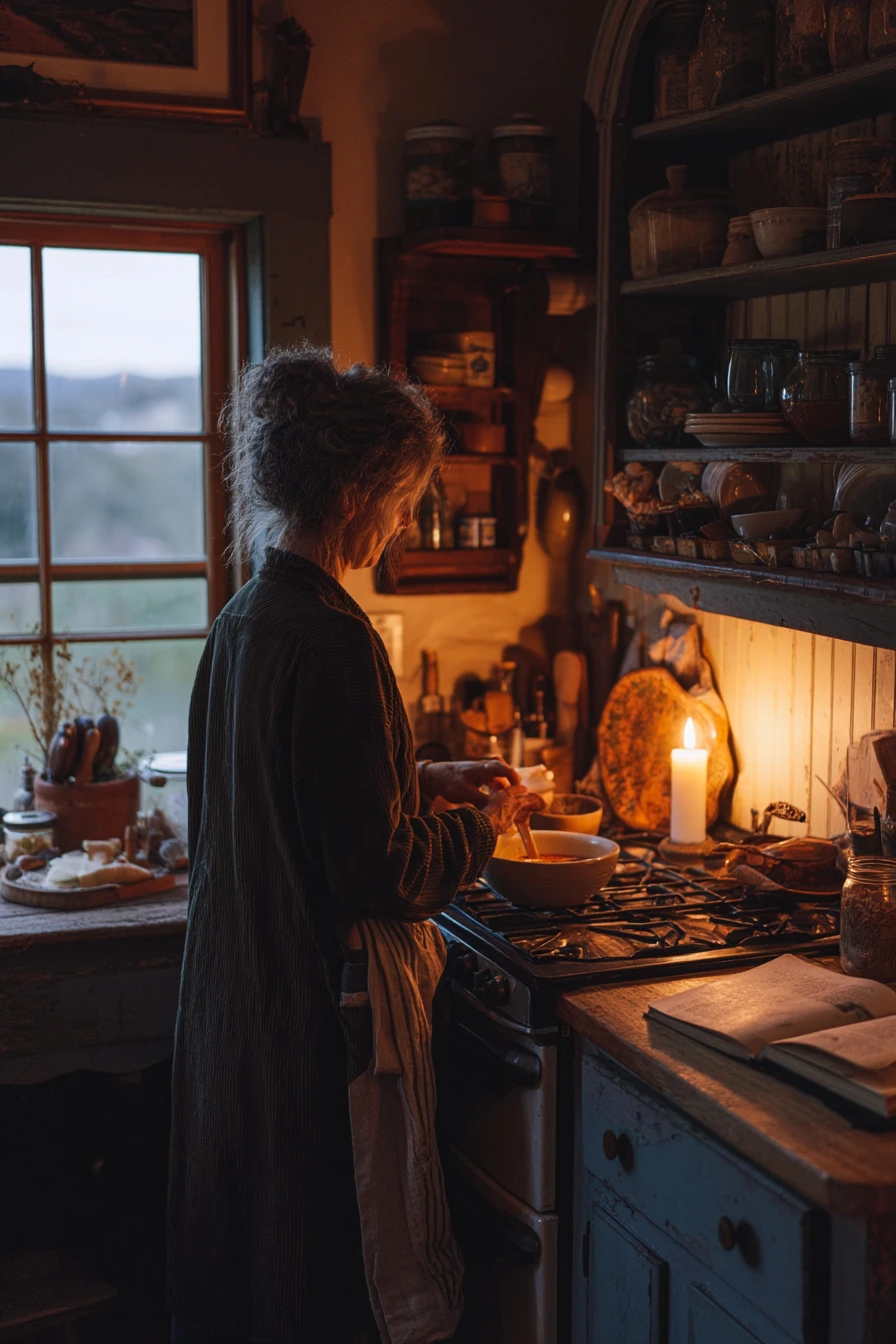 Moody Cottage Kitchen with Evening Cooking