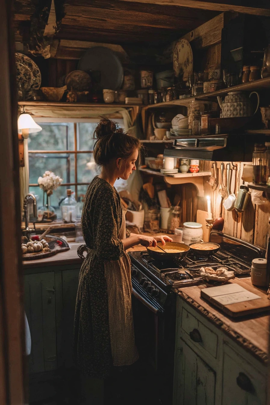Moody Cottage Kitchen with Evening Cooking