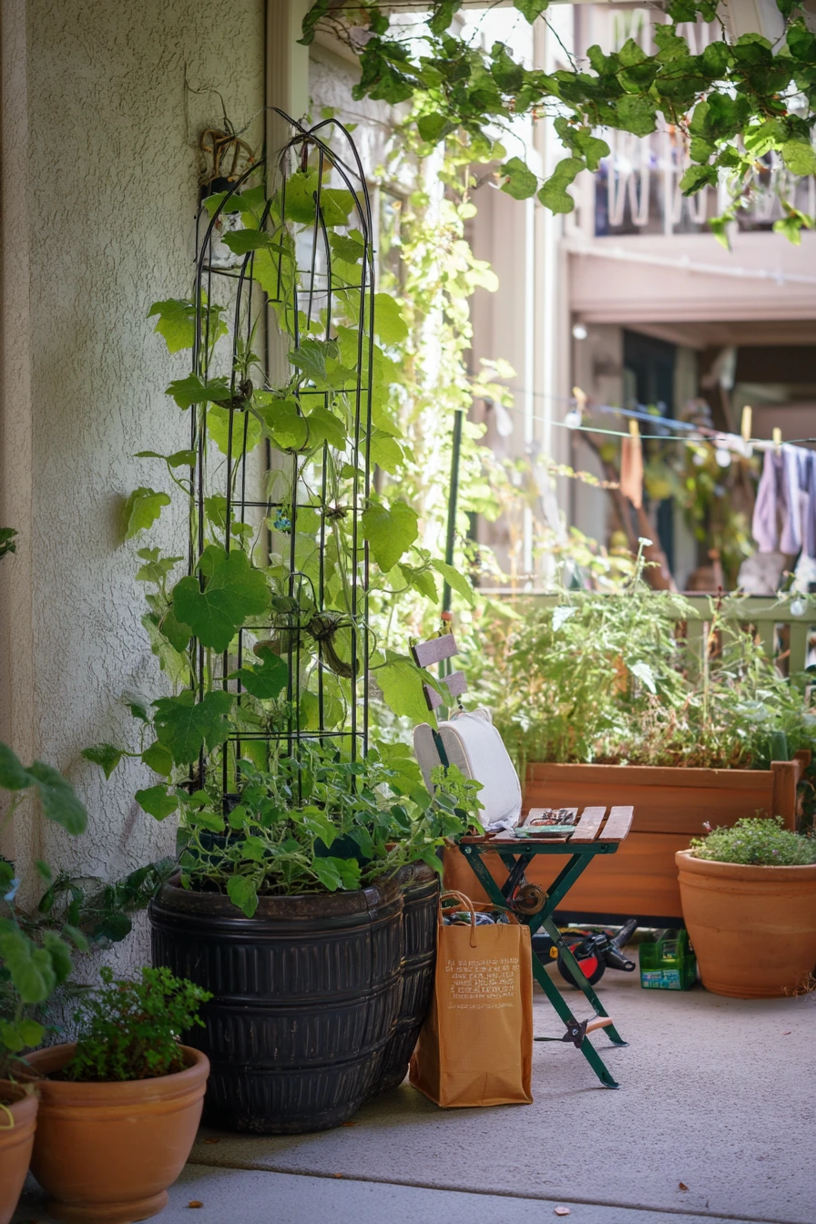 Rental-Friendly Obelisk in a Courtyard Planter