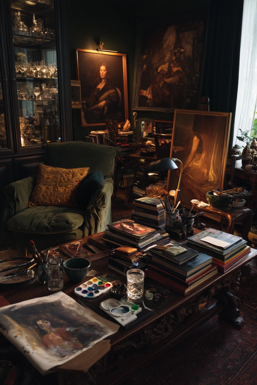 Maximalist Dark Academia with Art and Objects