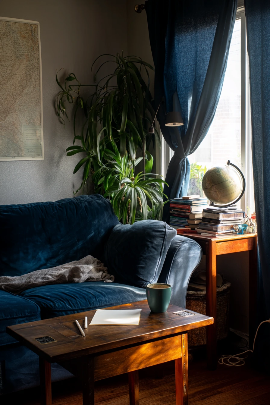 Small-Space Dark Academia Studio Living Room