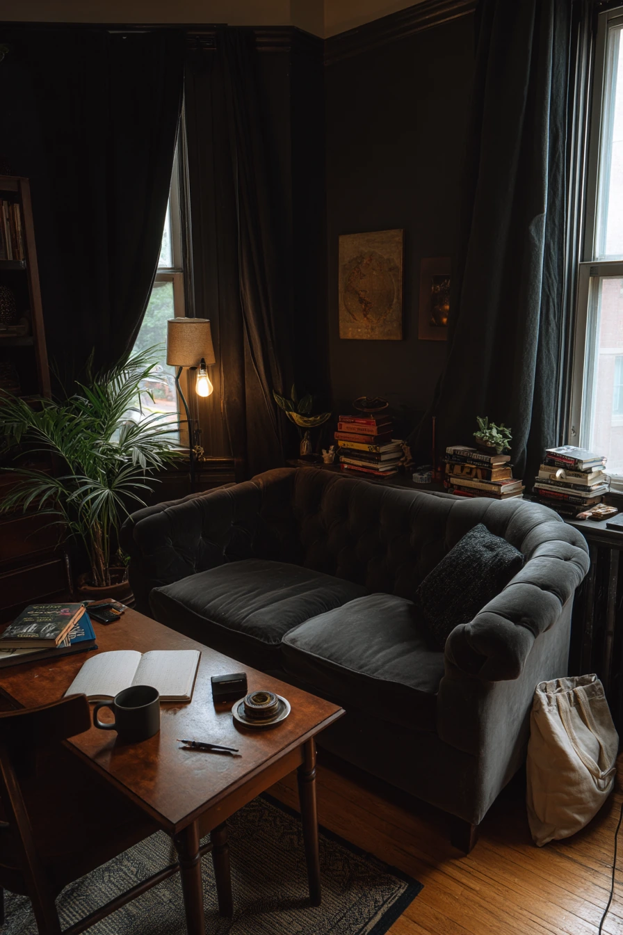 Small-Space Dark Academia Studio Living Room