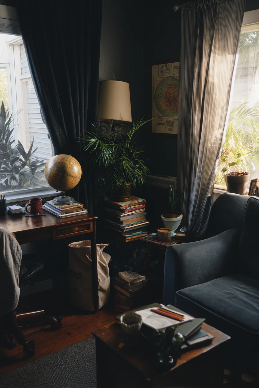 Small-Space Dark Academia Studio Living Room