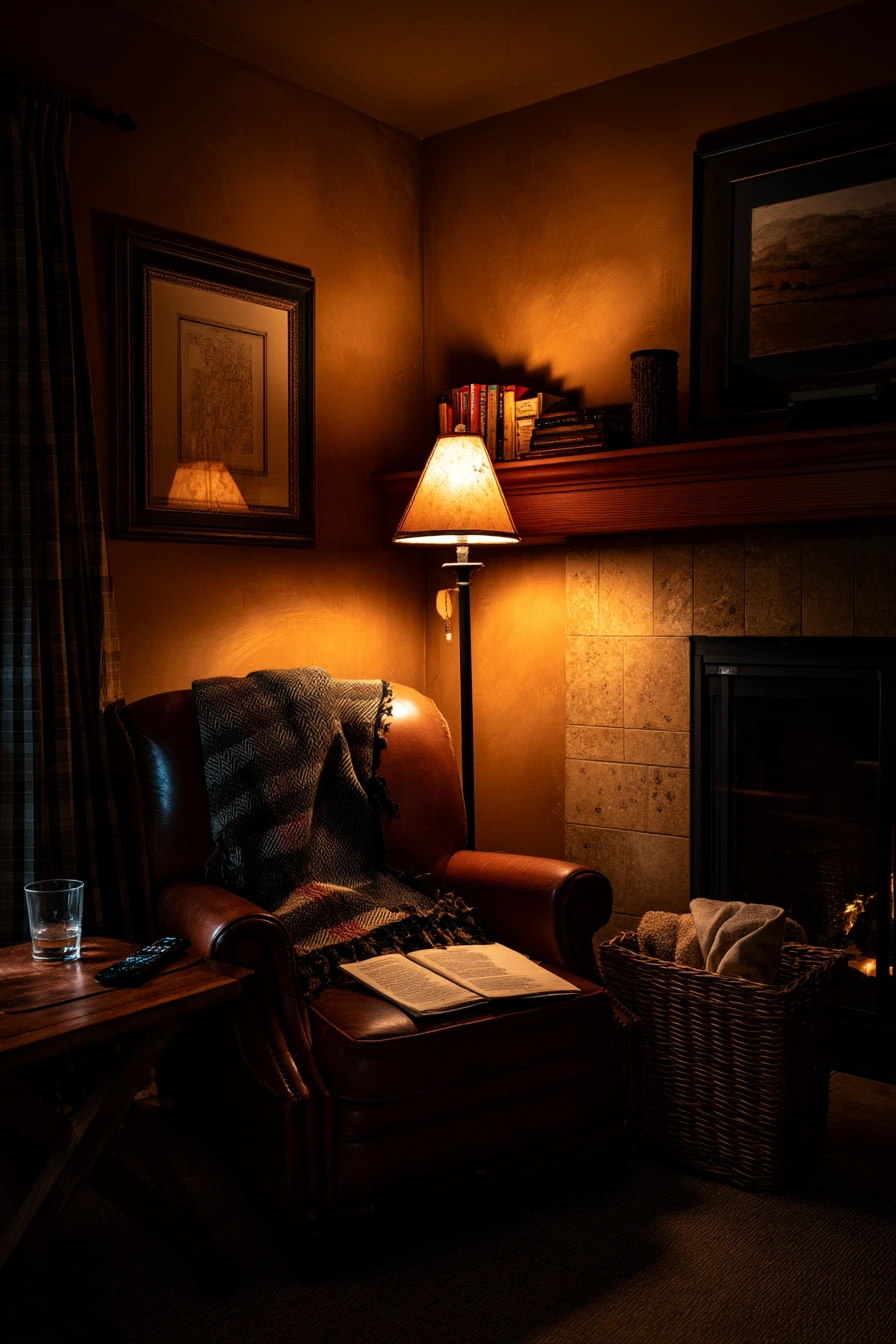 Dark Living Room With Fireplace Glow