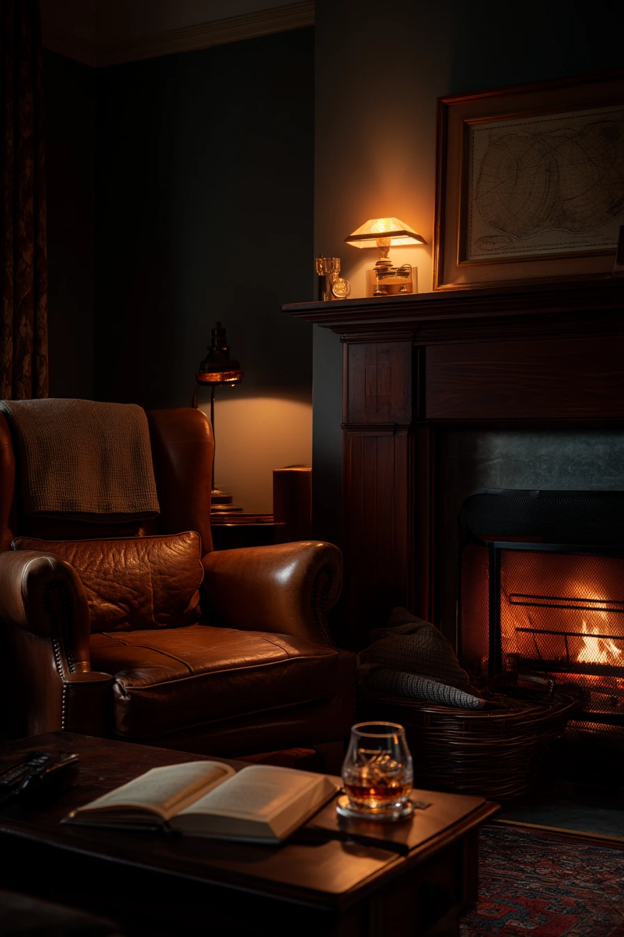 Dark Living Room With Fireplace Glow