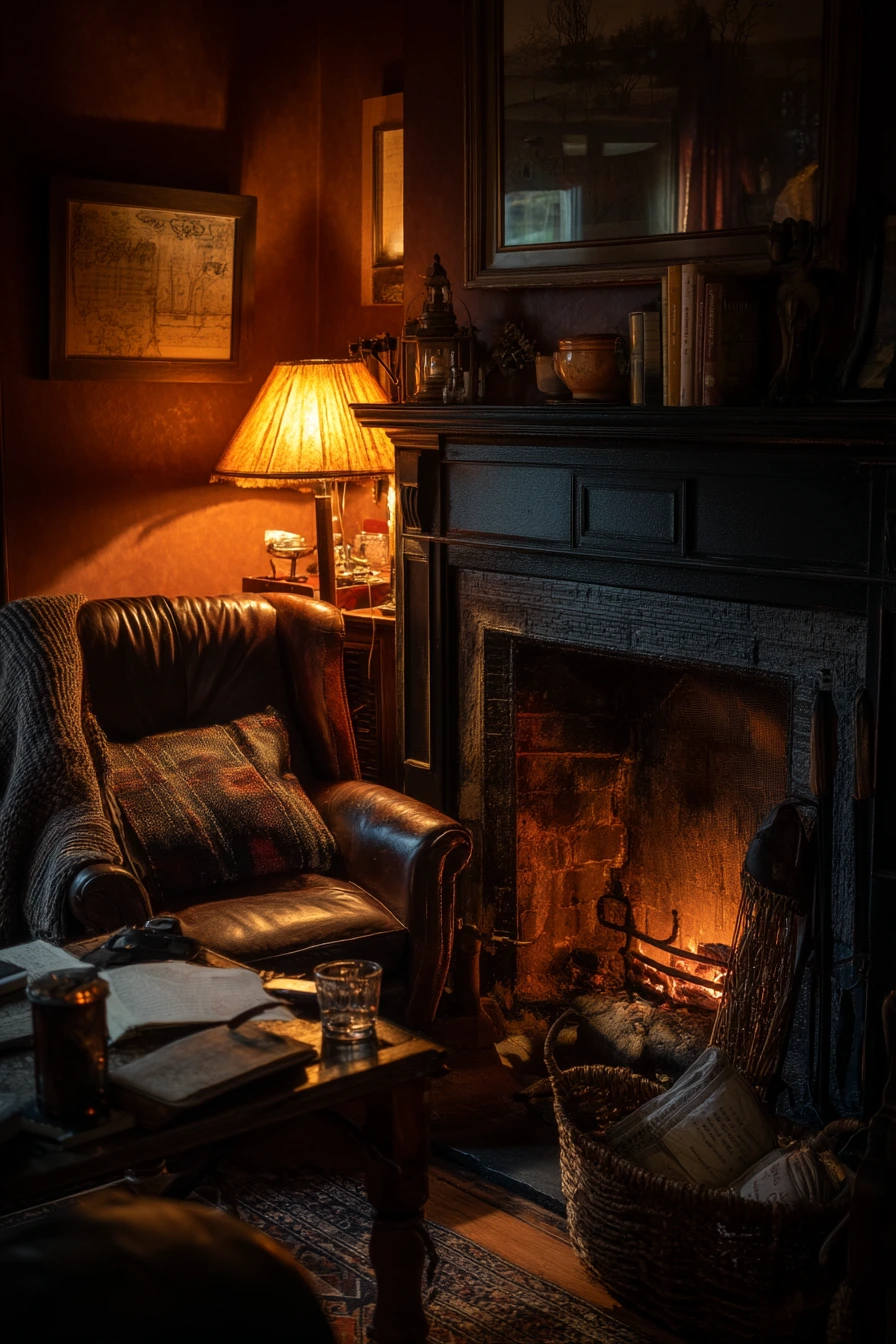 Dark Living Room With Fireplace Glow
