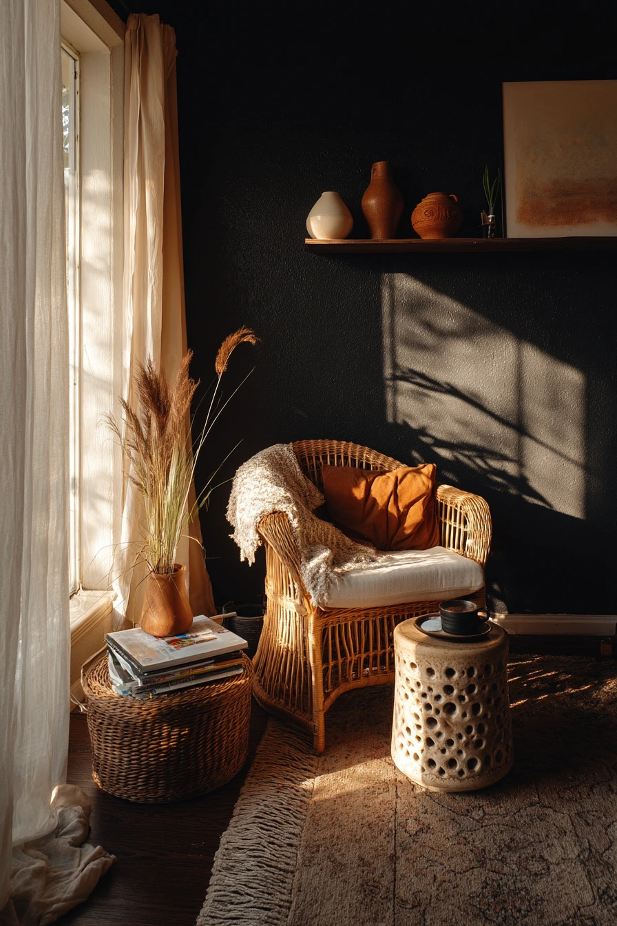 Dark Boho Living Room at Dusk