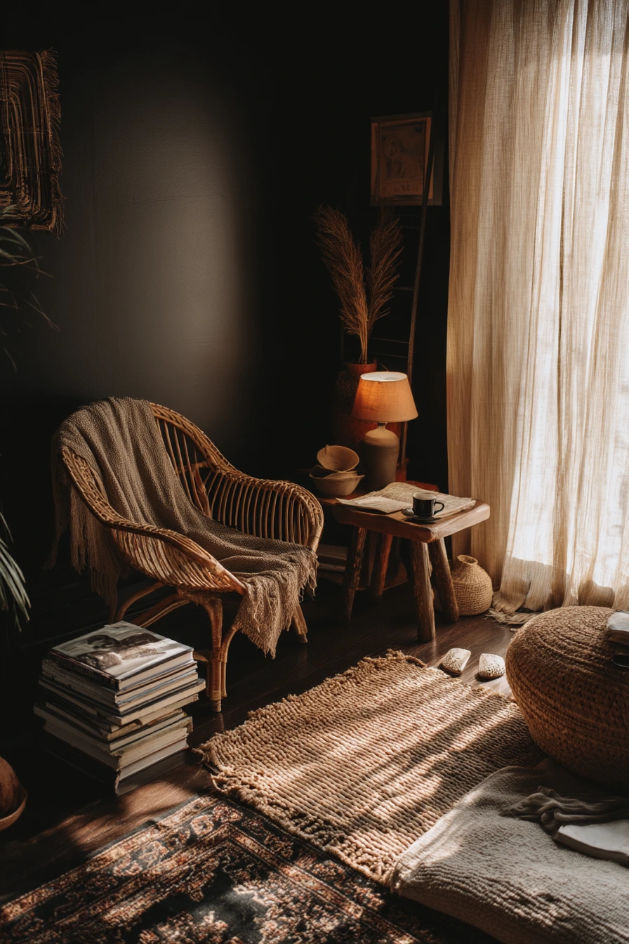 Dark Boho Living Room at Dusk