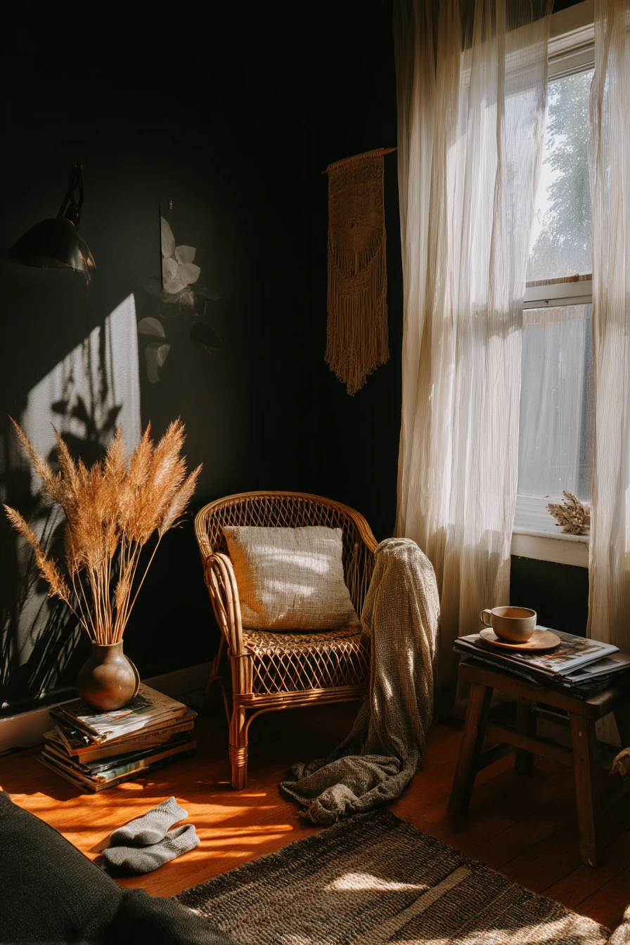 Dark Boho Living Room at Dusk