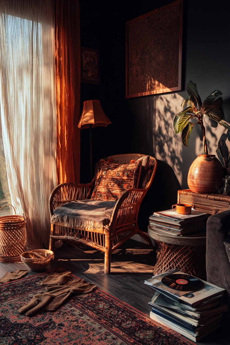 Dark Boho Living Room at Dusk