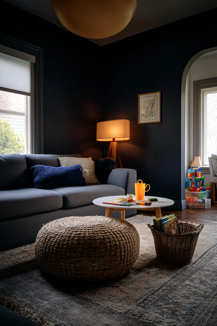 Modern Dark Living Room With Kids