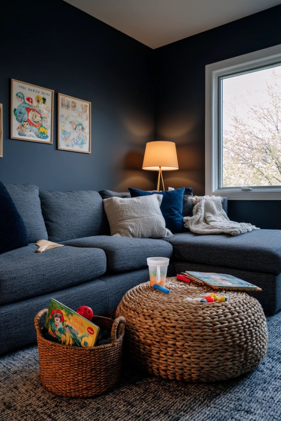 Modern Dark Living Room With Kids